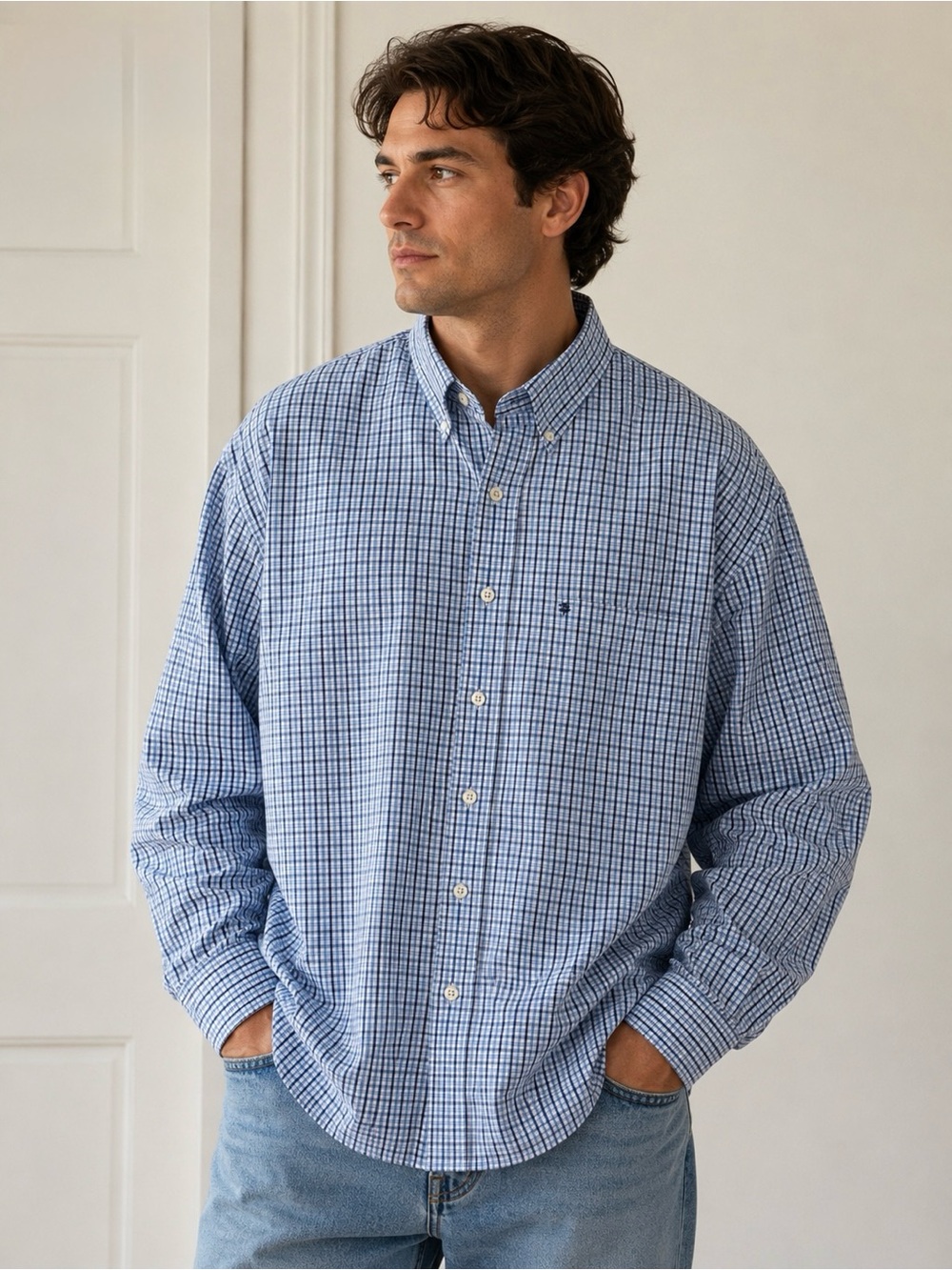 IZOD Men’s 2XL Blue White Plaid Button Down Shirt Long Sleeve Classical Fit NWOT